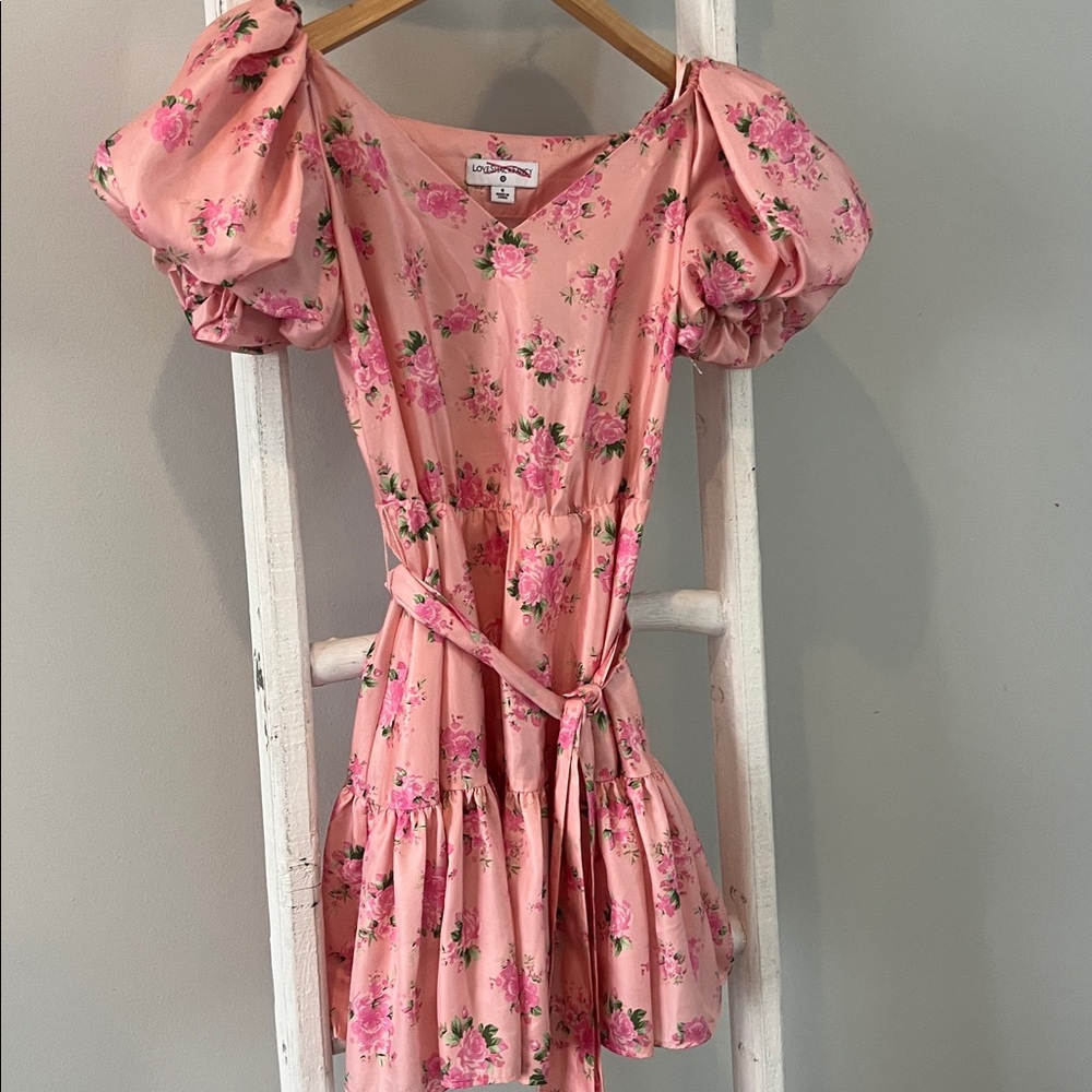 LoveShackFancy Cecile Pink Floral silky belted puff sleeve Mini Dress size 0 - Picture 2 of 10
